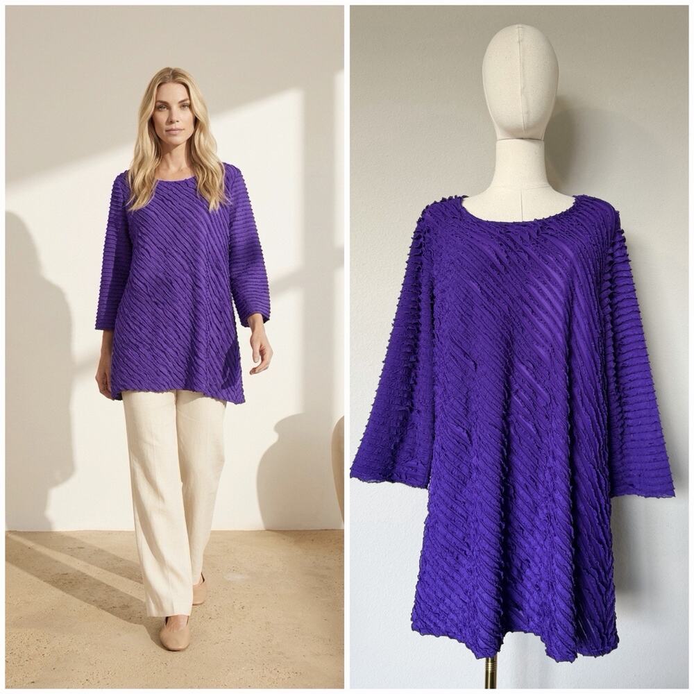 CAROLINE ROSE Size XL Purple Tiered Ruffle Textured Tunic Top